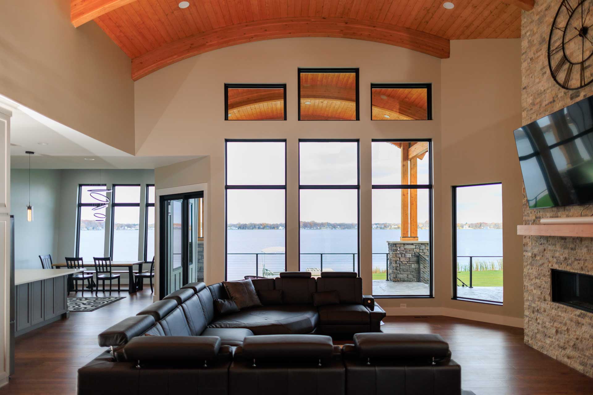 Woodline Building Company Modern Lakefront Lake Nepessing Lapeer, Michigan Great Room with View of Lake